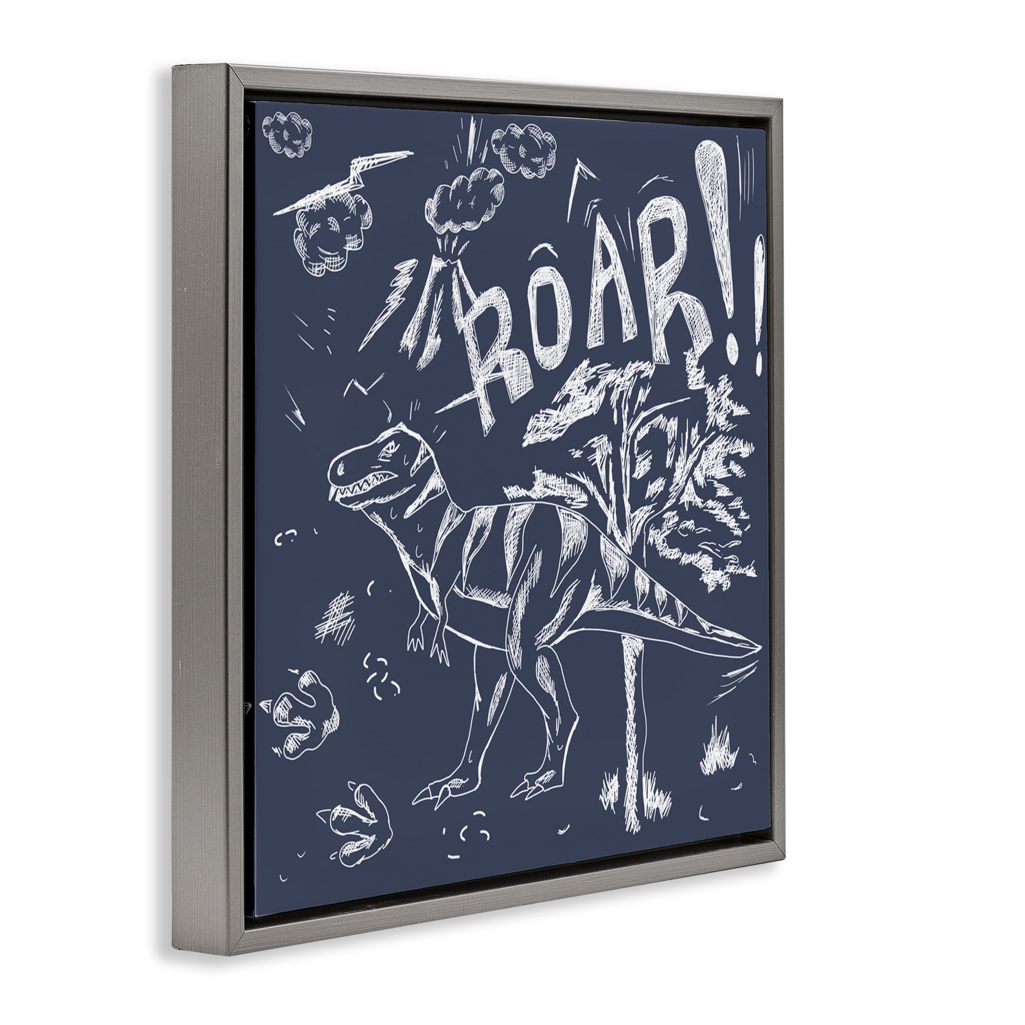 Sketchy Roar Dinosaur Gray Framed Floater Canvas Wall Art, design by HUE and MI and Sangita