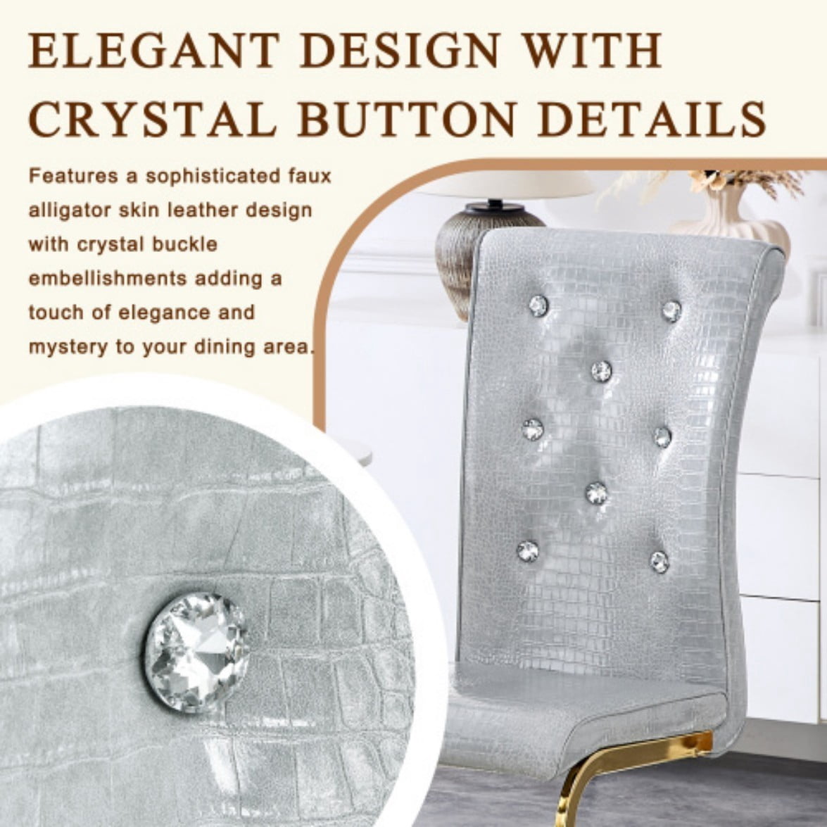 Set of 4 Retro Dining Chairs, Faux Alligator Leather Upholstered Chairs with Crystal Button Details & Gold-Plated Bent Metal Legs, 400 LBS, Gray & Gold