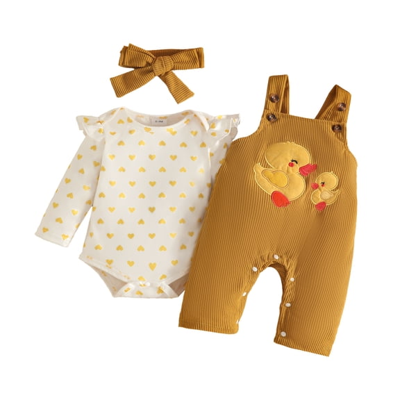 masbird Baby Girls Clothes Long Sleeve Romper Suspender Pants Headbands Set Fall Winter Outfits 3pcs 0 3 6 9 12 18 24 Months(Yellow,6-12 M)