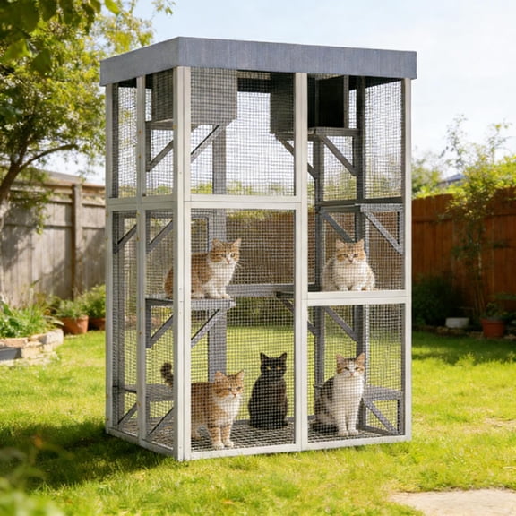 Outdoor Cat Enclosure, Catio with Platforms and Napping Houses, Waterproof Tarp Cover and Secure Locking Mechanism, Rounded Corner Design for Safety, Solid Wood Cat Cage for Outdoor, Gray