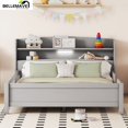 thumbnail image 3 of Bellemave Wood Full Size Platform Bed with Storage Headboard and LED Light Full Storage Bed Low Wooden Bed Frame with Full-length Guardrail and Wooden Slats for Kids and Teens,Antique Gray, 3 of 10