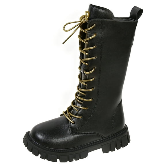 XUELUO Little Girls Mid-Calf Boots Shiny Gold Laces Thick Flat Bottom PU Leather Boots Streetwear Trendy Comfortable Cute Shoes