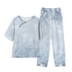 thumbnail image 2 of ICHUANYI Clearance Women's Summer Printed Short Sleeve Half Sleeve Round Neck Cropped Top + Casual Pants Suit Set Two Piece Lounge Set(Light Blue, XL) ICHUANYI WER2023080901523, 2 of 4