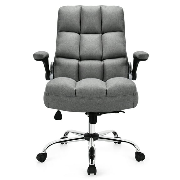 Executive Office Chair, Big and Tall Ergonomic Computer Chair, Adjustable Tilt Angle and Flip-up Armrest Linen Fabric Upholstered Chair with Thick Padding, High Back Managerial Chair (Grey)