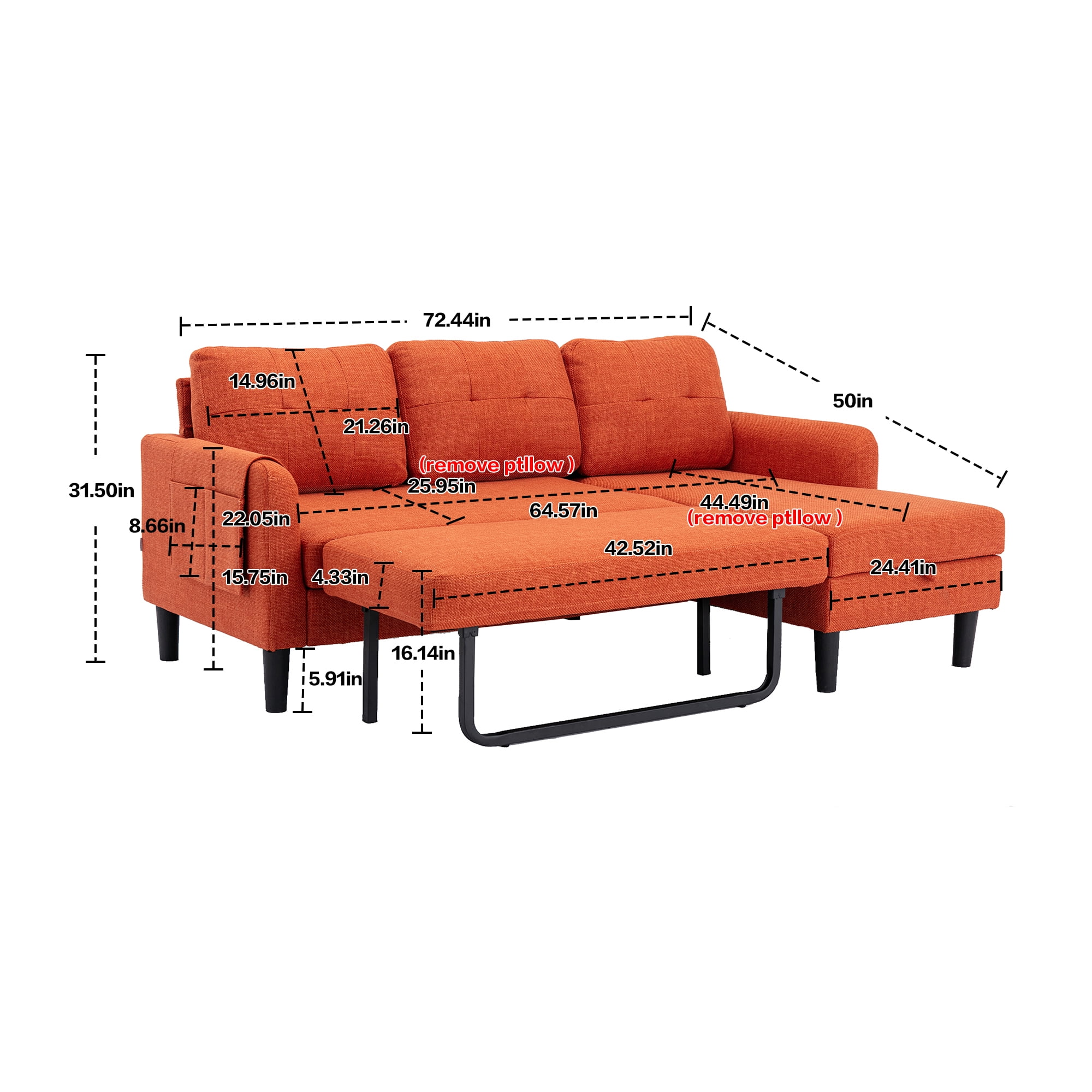 Resenkos L Shaped 4-Seat Sleeper Sectional Sofa Couch Pull-Out Bed and Storage Chaise Lounge, Orange Resenkos L Shaped 4-Seat Sleeper Sectional Sofa Couch Pull-Out Bed and Storage Chaise Lounge, Orange