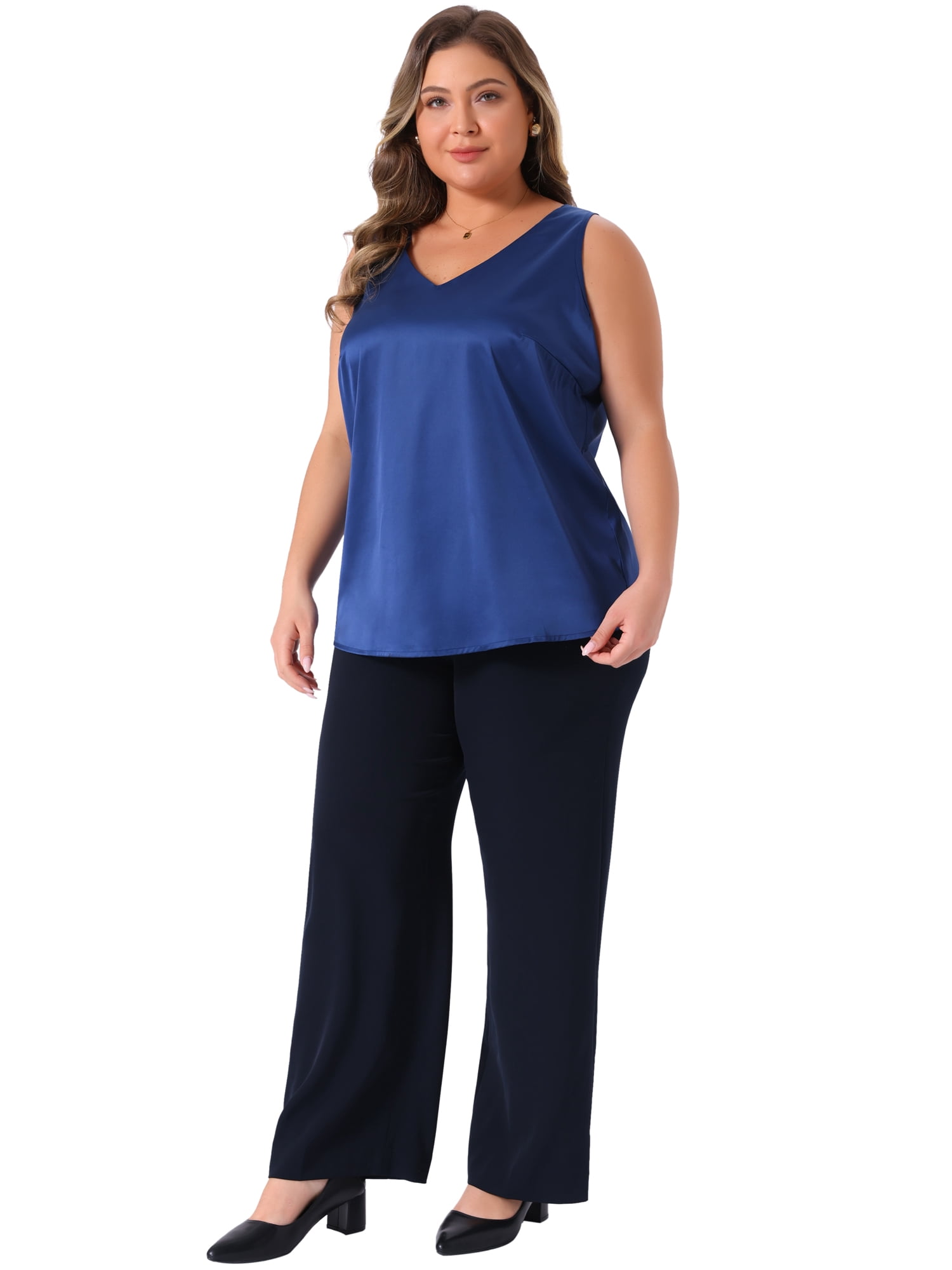 DARING DIVA Women's Plus Casual Silk Satin Tank Top V Neck Cami Blouse 4X Navy Blue