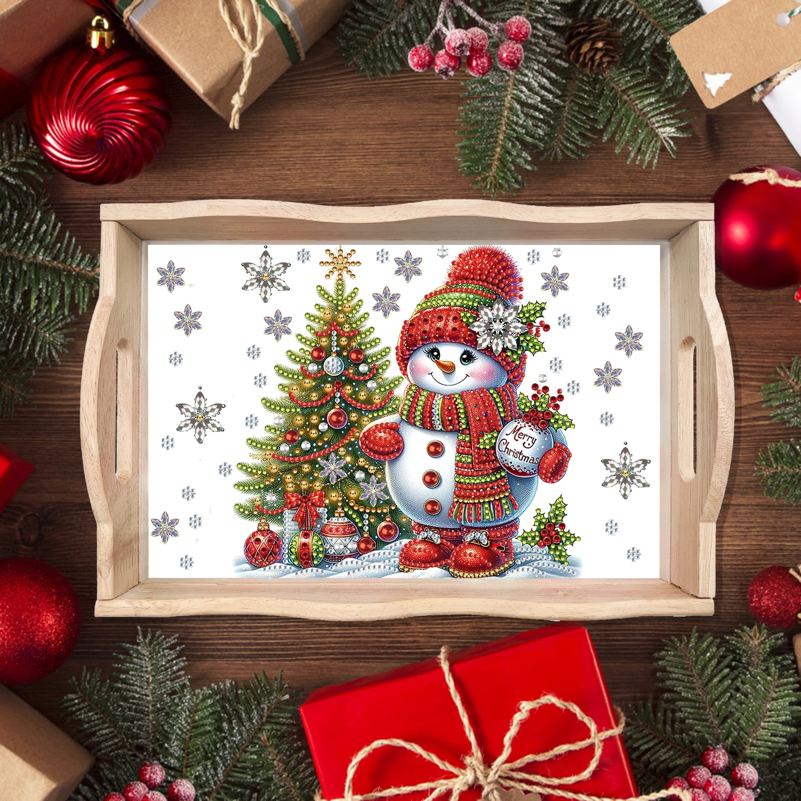 FLOPESN DIY Diamond Art Painting Handmade Wooden Tray,Creative Design Serving Dinner Plate for Coffee Living Room Home Organizer-Christmas Snowman