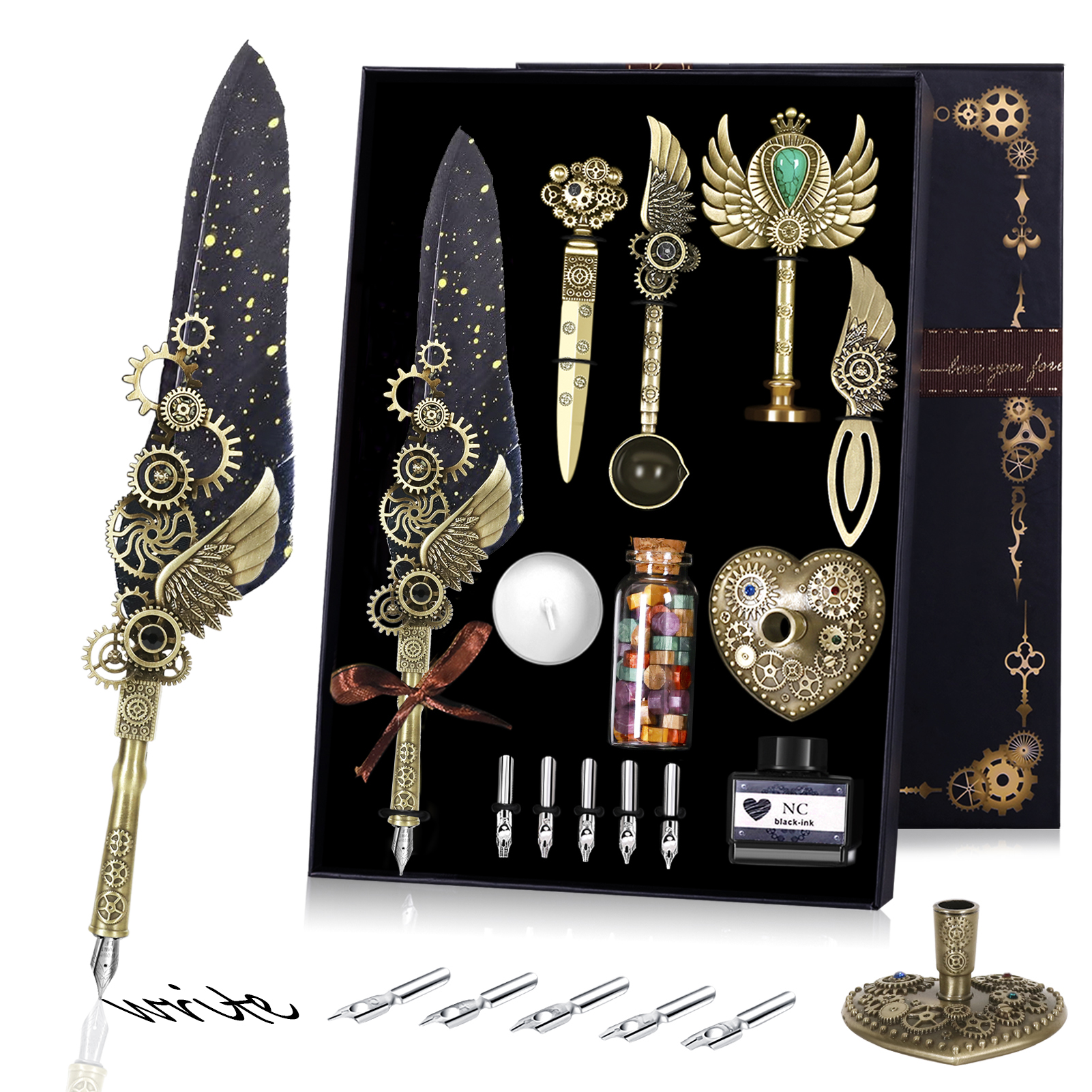 Quill Pen and Ink Set Feather Pen Set,Calligraphy Pen Set for Beginners