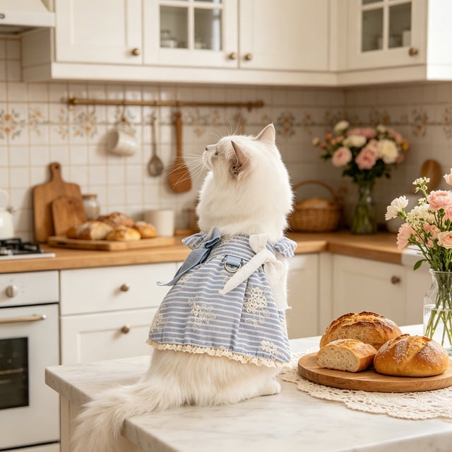 Small Dog & Cat Pet Dress with Leash Attachment, Blue Striped Embroidered Pullover, Breathable Polyester Bow Outfit, 50 x 40 cm