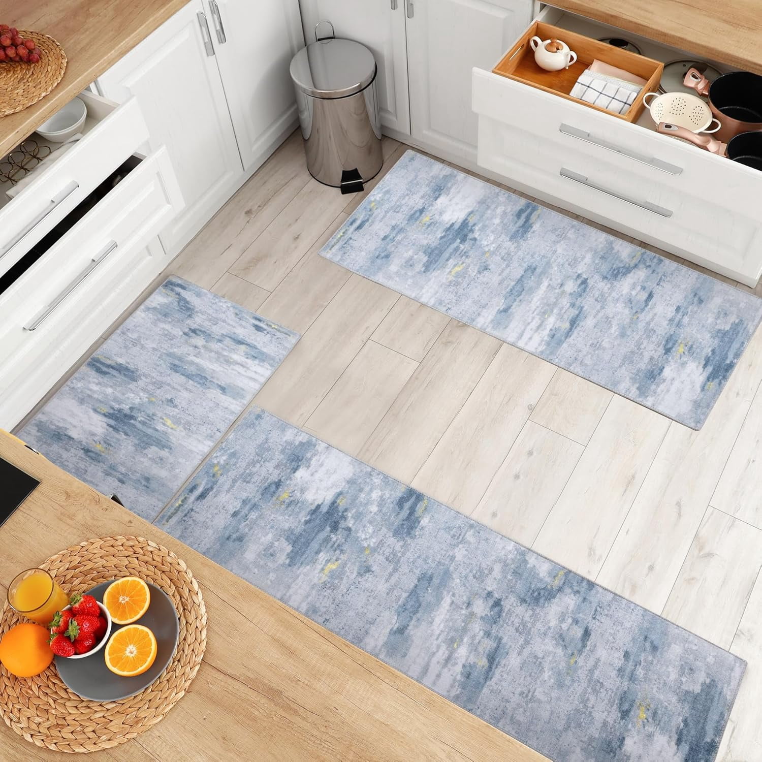 Washable Non Slip Kitchen Rugs Set of 3,Modern Abstract 3 Piece Kitchen Mats for Floor,Absorbent Carpet for Kitchen,Soft Low Pile Kitchen Runner Rug for Sink,Laundry,Washroom,Blue