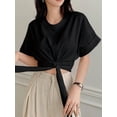 thumbnail image 5 of Womens Solid Color Round Neck Batwing Short Sleeve Knot Cropped Summer Blouse For Women, 5 of 5