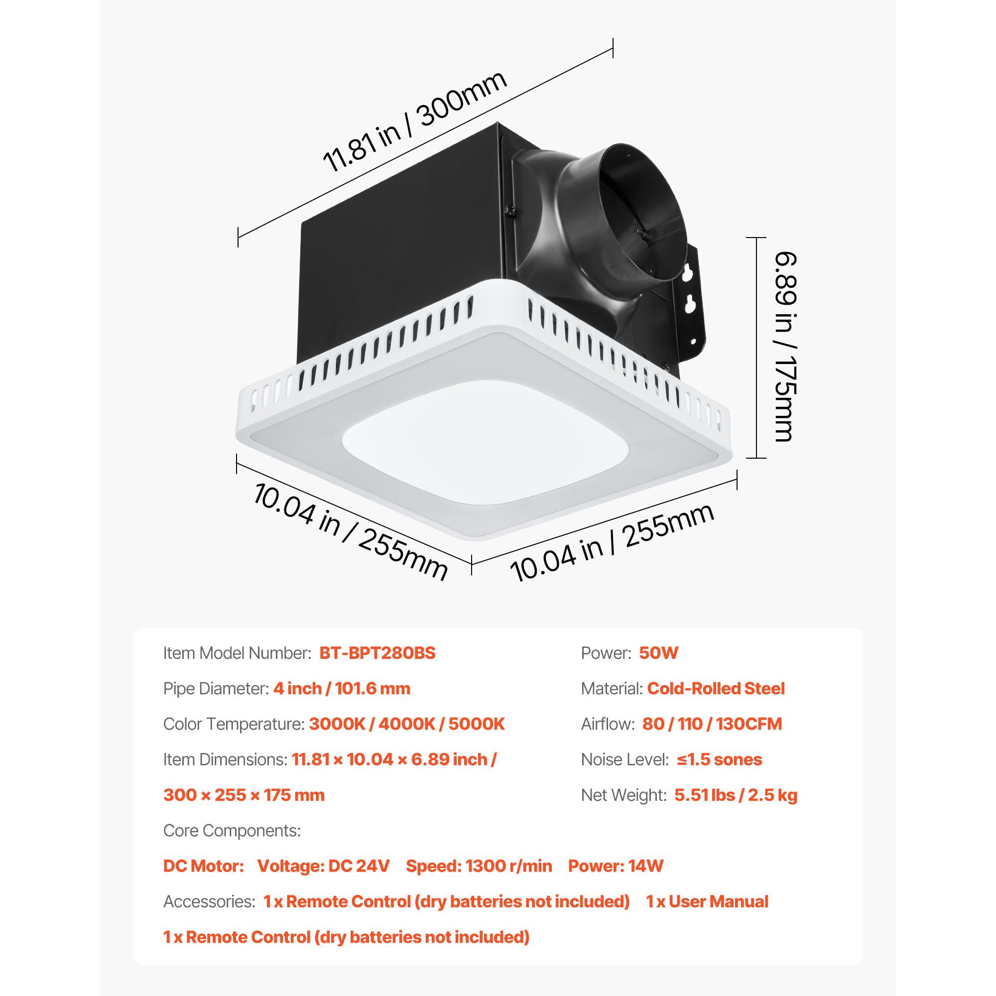 Bathroom Exhaust Fan with 7-Color RGB Lights, 80-110-130 CFM, 1.5 Sones Low Noise, DC Motor, Remote Control for KTV Laundry Room