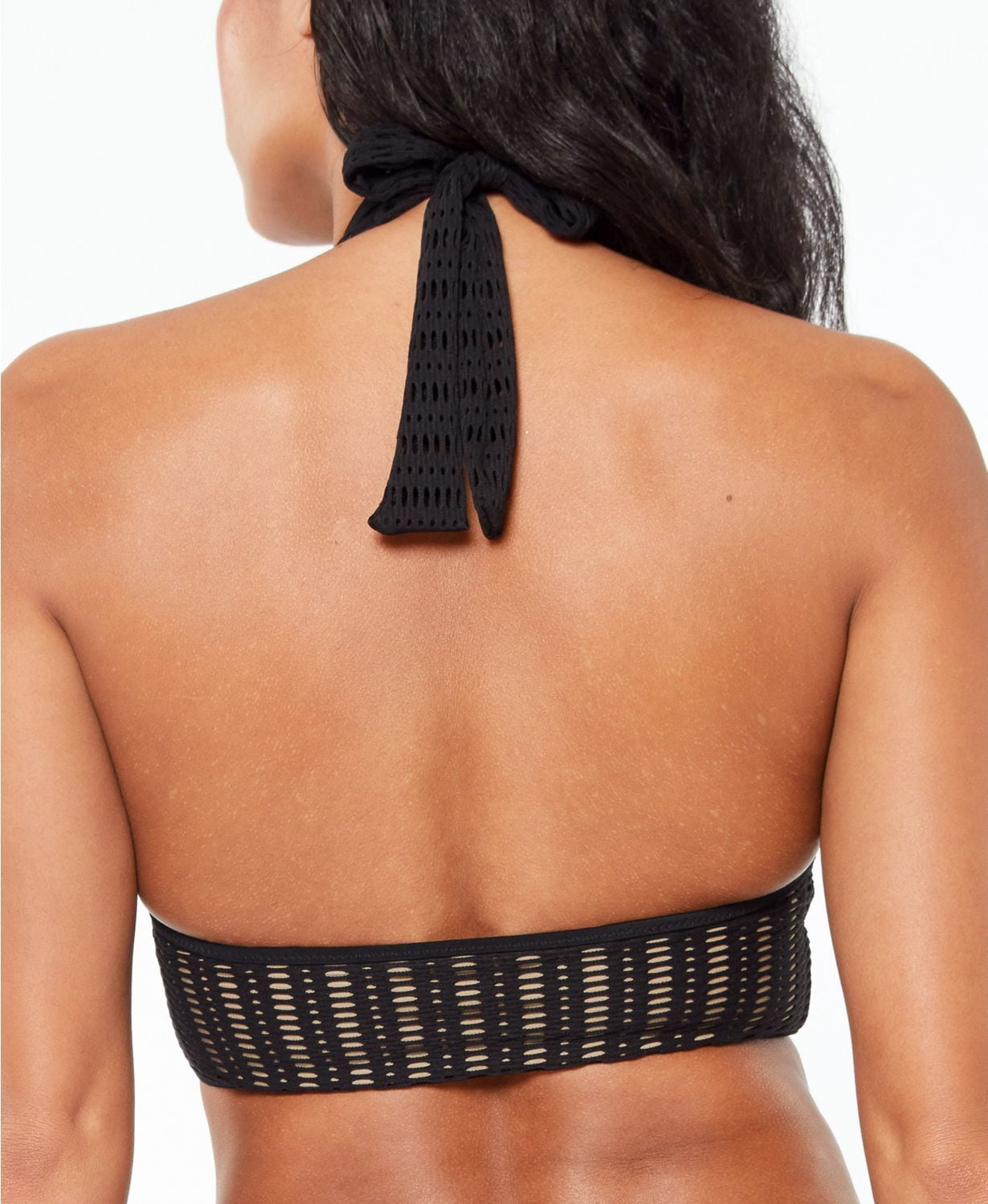 BAR III Women's Black Stretch Long-Line Lined Tie Crochet Molded Cup Halter  Swimsuit Top XS 