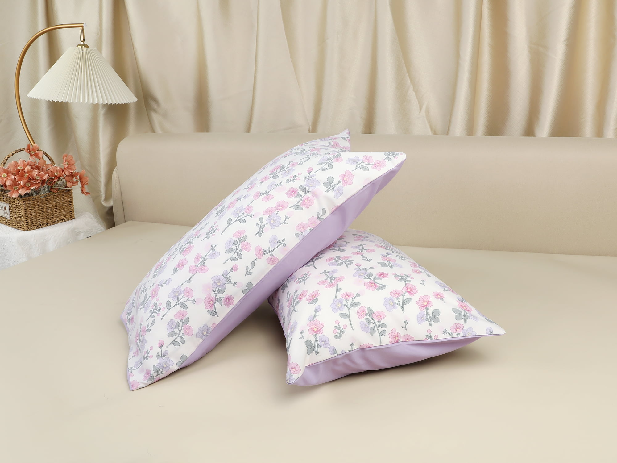 Unique Bargains 2 Pack Pillowcase Breathable Soft Floral Pillow Cases Gift Pink Purple