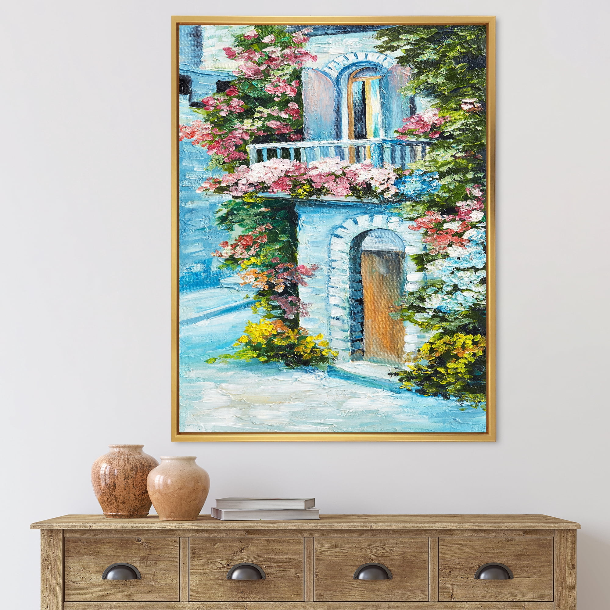 Designart 'House With Colorful Flowers Near The Sea II' Traditional Framed Canvas Wall Art Print