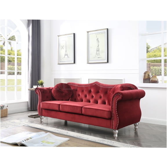 JERFIT Velvet Sofa 3 Seater for Living Room, Burgundy Tufted Couch with Nailhead Trim and Wood Legs, Upholstered Glam Furniture