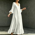 thumbnail image 4 of QUNYINEY White Womens Dresses Flowy 3/4 Sleeve Maxi Casual A Line Dress with Pockets Vacation Loose Fit V Neck Dresses, 4 of 9