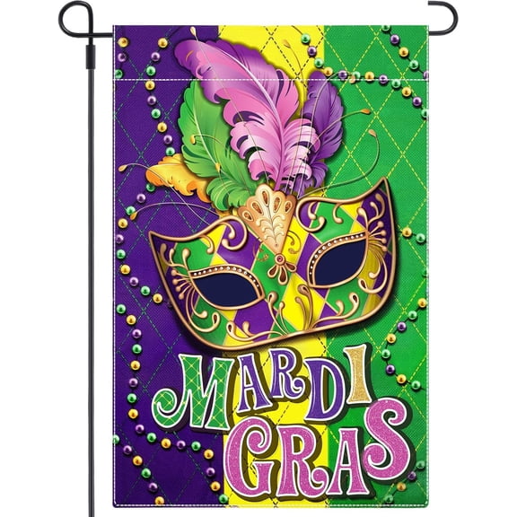 Newhomestyle Mardi Gras Garden Flag Masquerade Beads Yard Flag Double Sided Fleur De Lis Carnival House Flag Vertical Holiday Decorative Yard Flag for Mardi Gras Yard Outdoor Decoration, 12 x 18 Inch