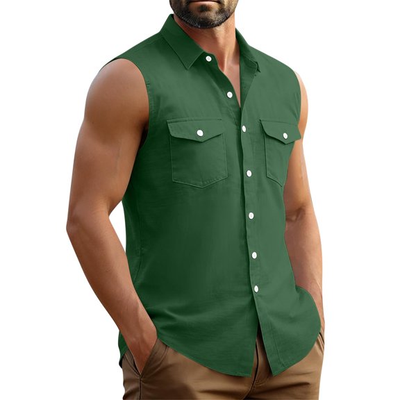 Noric Men's Sleeveless Button Down Tank Tops Solid Color with Flap Pockets, Breathable Casual Lapel T-shirts for Beach Party