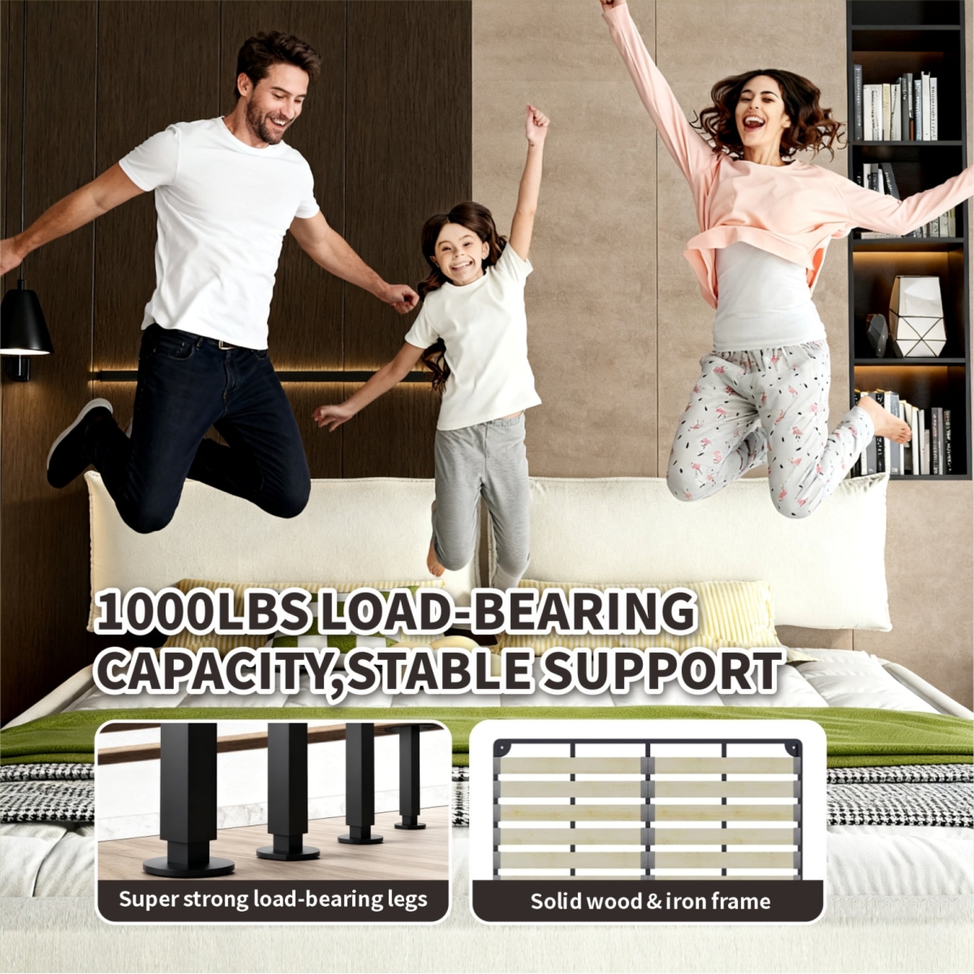 King Size Chenille Cloud Bed Frame - Oversized Padded Movable Headboard, Round Corner Design with Metal & Solid Wood Slat Support, No Box Spring Needed,Beige/White