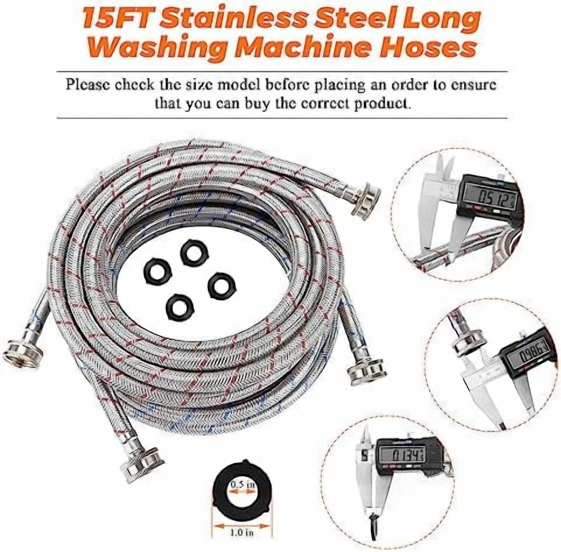 15ft LONG Washing Machine Hoses UPGRADE by- Braided Stainless Steel Washer Hoses - Hot and Cold Water Lines 3/4'' Standard Interface -Burst Proof Leak Free Hose (2 Pack) - 10 YEARS GUARANTEE$$