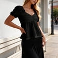 thumbnail image 5 of Favoffer Womens Blouse Top V Neck Puff Sleeve Ruched Loose Hem Solid Color Short Sleeve Lightweight Summer Casual Short Clothes, 5 of 6