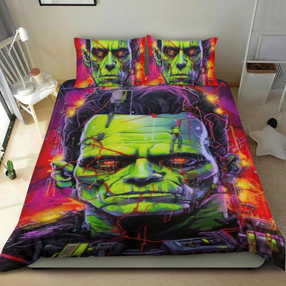Frankenstein Themed Bed Sheet Set Three Piece Set 53x79 In ches Comfortable And Skin Friendly Unique Design Creating A Star Studded Night Home Decor Gifts For Family Friends fans
