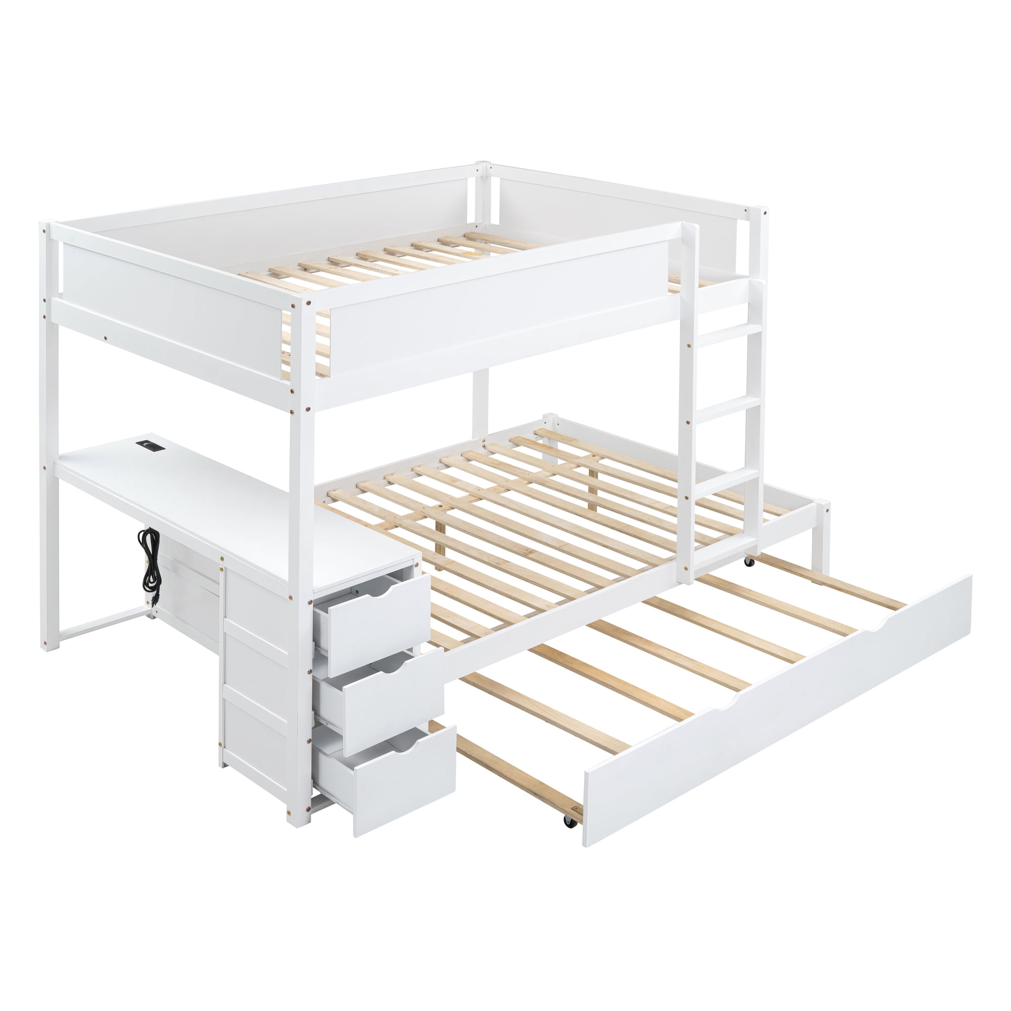 Aukfa Full Over Full Bunk Bed with Trundle and USB Charging Station, Wood Bed Frame with Build-in Desk&Storage Drawers for Kids Bedroom, White