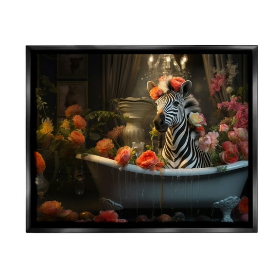 Stupell Industries Zebra Bathing with Florals Animals & Insects Painting Black Floater Framed Canvas Art Print Wall Art, 21 x 17