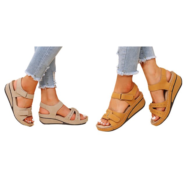 (2-Pack) Rinsvye Women Wedge Sandals Comfortable Slip On Shoes Easy To Wear Versatile Style Perfect For Daily Use Summer Breathable Fabric Soft Inner Sole Statement