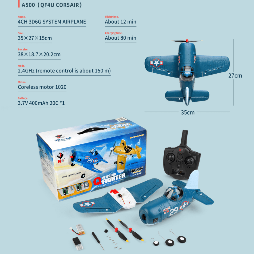 Weili  A500 Mini F4U 4-Channel RC Plane, Beginner-Friendly with 6-Axis Gyro, 12min Flight Time, Stable & Durable ​