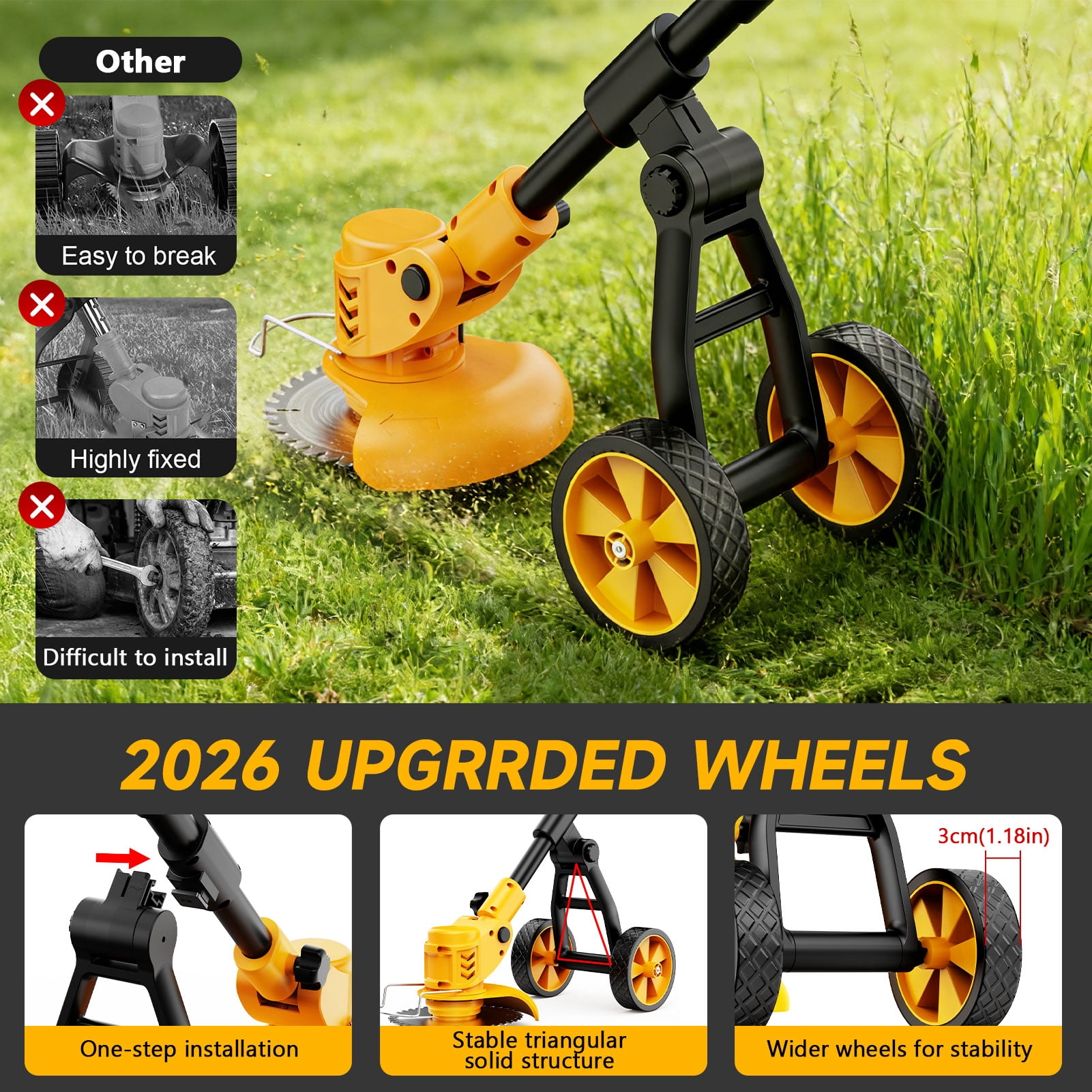 Lemolifys Electric Weed Wacker, 3-in-1 Cordless String Trimmer with 4000mAh Battery, 3 x 6″ Blades, Wheels & Adjustable Length for Lawn Yard Garden, W1-3