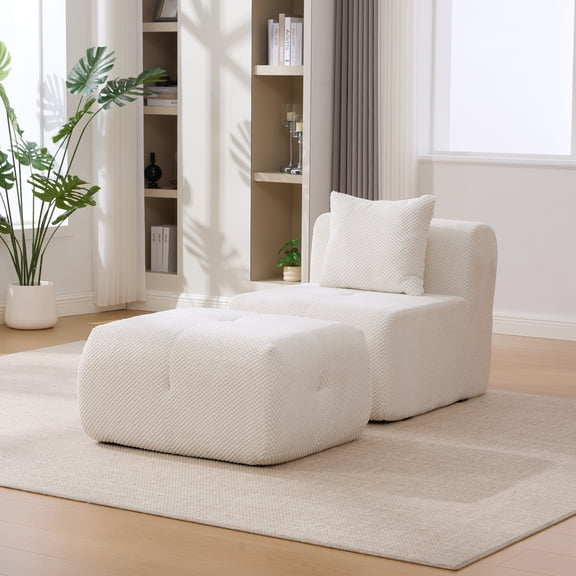LiviNest 31" Armless Accent Chair with Ottoman Set: Modern Deep Seat Sofa & Footstool for Living Room & Bedroom - Soft Fuzzy Fabric Lounger with Pillow for Nursing & Relaxation Spaces