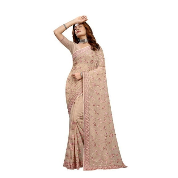 Designer Beige Heavy Resham Embroidery Georgette Saree