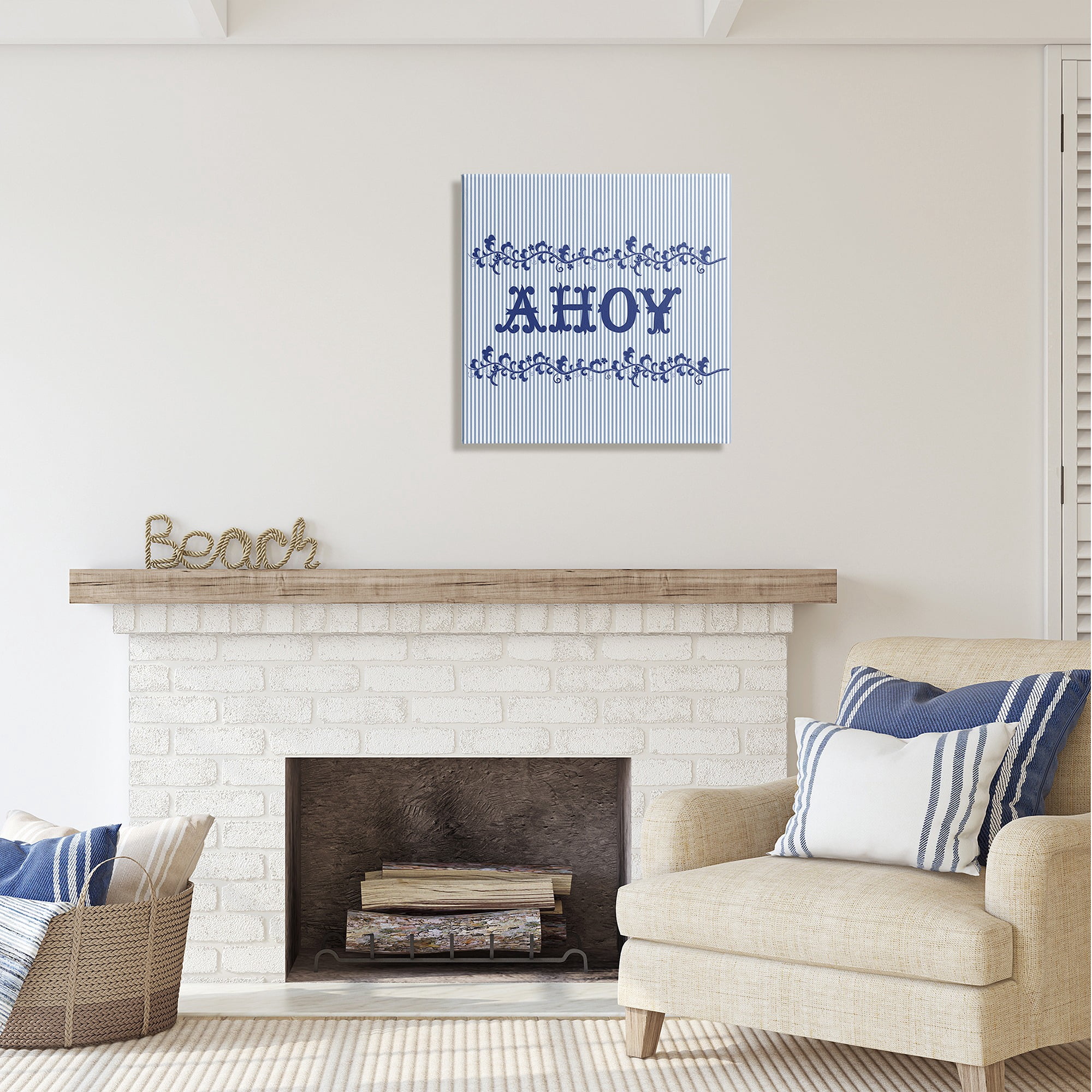Stupell Industries Ahoy on Blue Stripes Botanical & Floral Painting Gallery Wrapped Canvas Art Print Wall Art, 24 x 24