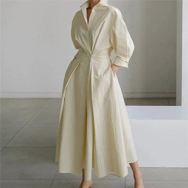 Women's Polo Collar Long Sleeve Maxi Dress - Ankle-Length, Elastic, Button Detail, Polyester