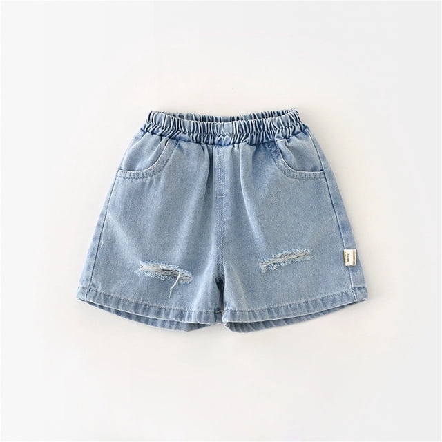 XDZJLR Boy Shorts Mid Thigh Denim Ripped Soft Elastic Band Inside Half Jean Knee Length Short Pants Blue -
