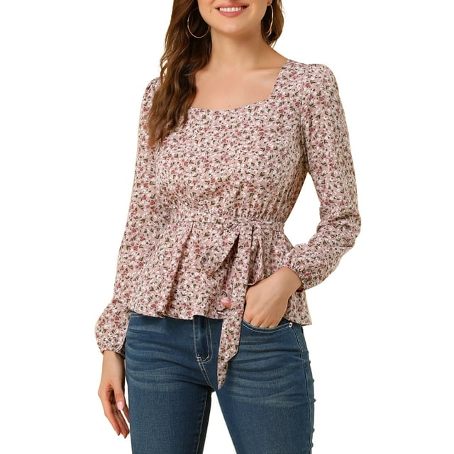INSPIRE CHIC Blouse à Manches Longues Florale à Encolure Carrée avec Ceinture TG Rose