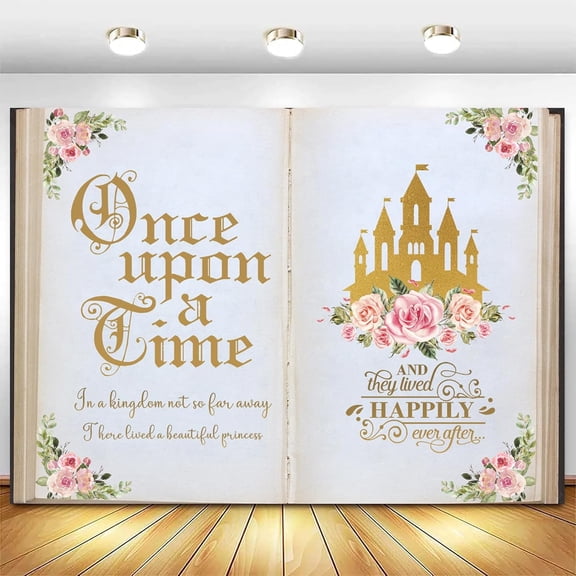 Fairy Tale Book Castle Backdrop Once Upon a Time Floral Flowers Pink Gold Princess Girl Birthday Baby Shower Party Decoration Banner Wonderland Fairytale Photography Background 6x4ft