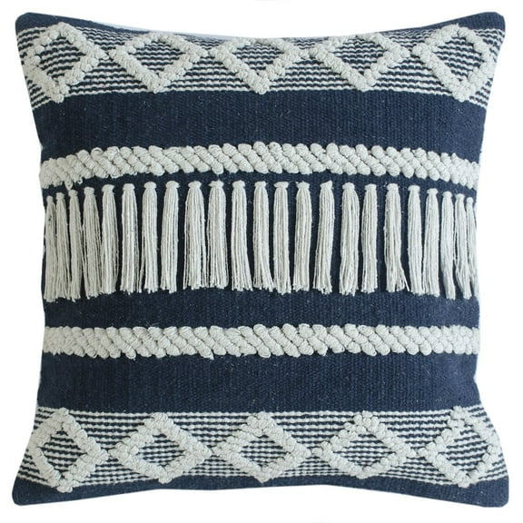 LR Home Ox Bay Hand-Woven Blue/White Stripe Cotton Blend Pillow Cover