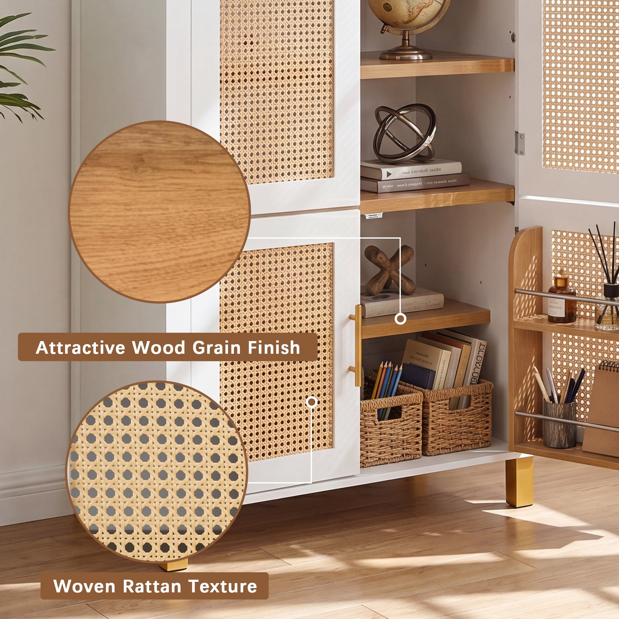 71-Inch Tall Arched Cabinet with Rattan Doors and Adjustable Shelves, Farmhouse Storage Cabinet with Built-in Racks for Kitchen, White