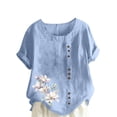 thumbnail image 1 of Staron Hauts d'Été pour Femmes Liquidation Grande Taille Blouses d'Été Coton Lin Décontracté Col Rond Tendance Tunique Ample Hauts Chic à Fleurs Manches Courtes Retroussables, 1 of 4