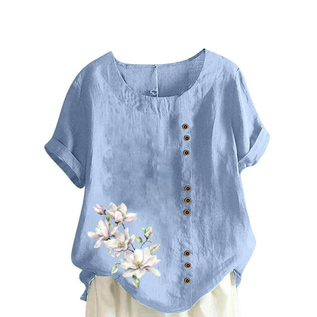 Staron Hauts d'Été pour Femmes Liquidation Grande Taille Blouses d'Été Coton Lin Décontracté Col Rond Tendance Tunique Ample Hauts Chic à Fleurs Manches Courtes Retroussables