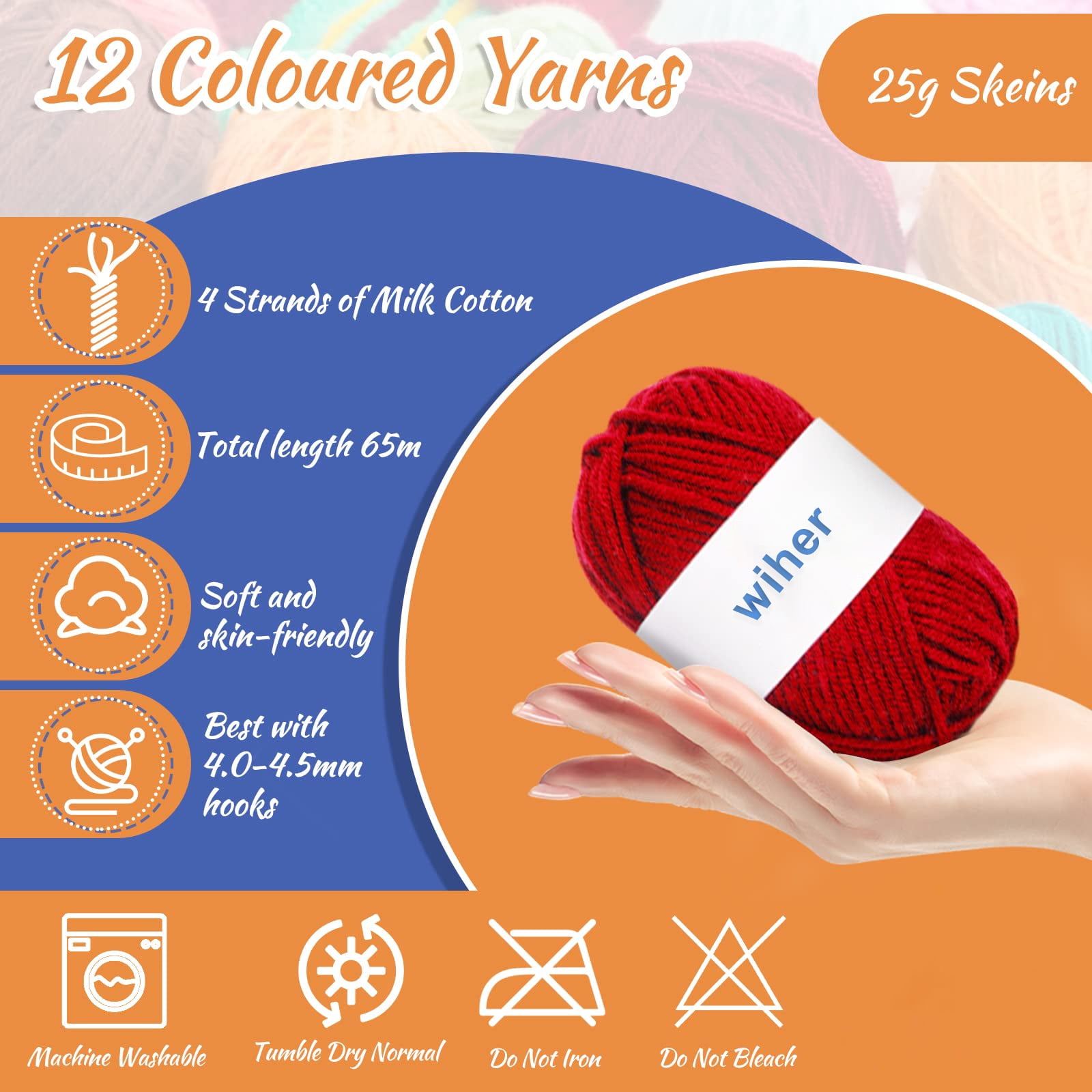 Wiher 46Pcs DIY Crochet Kit with Storage Bag Beginners Crochet Kit with Color Yarns, 12-size Crochet Needle, Stitch Marks, Big Eye Needles, Thread Scissors, DIY Crochet Craft Crochet Art Kit