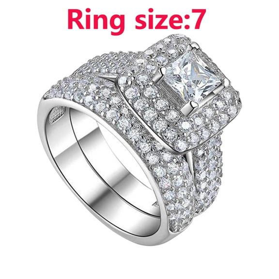 2pcs Set-Ring Size:7-Couple Princess Square Ring â Fashion Engagement Wedding Jewelry for Women â Alloy Rhinestone