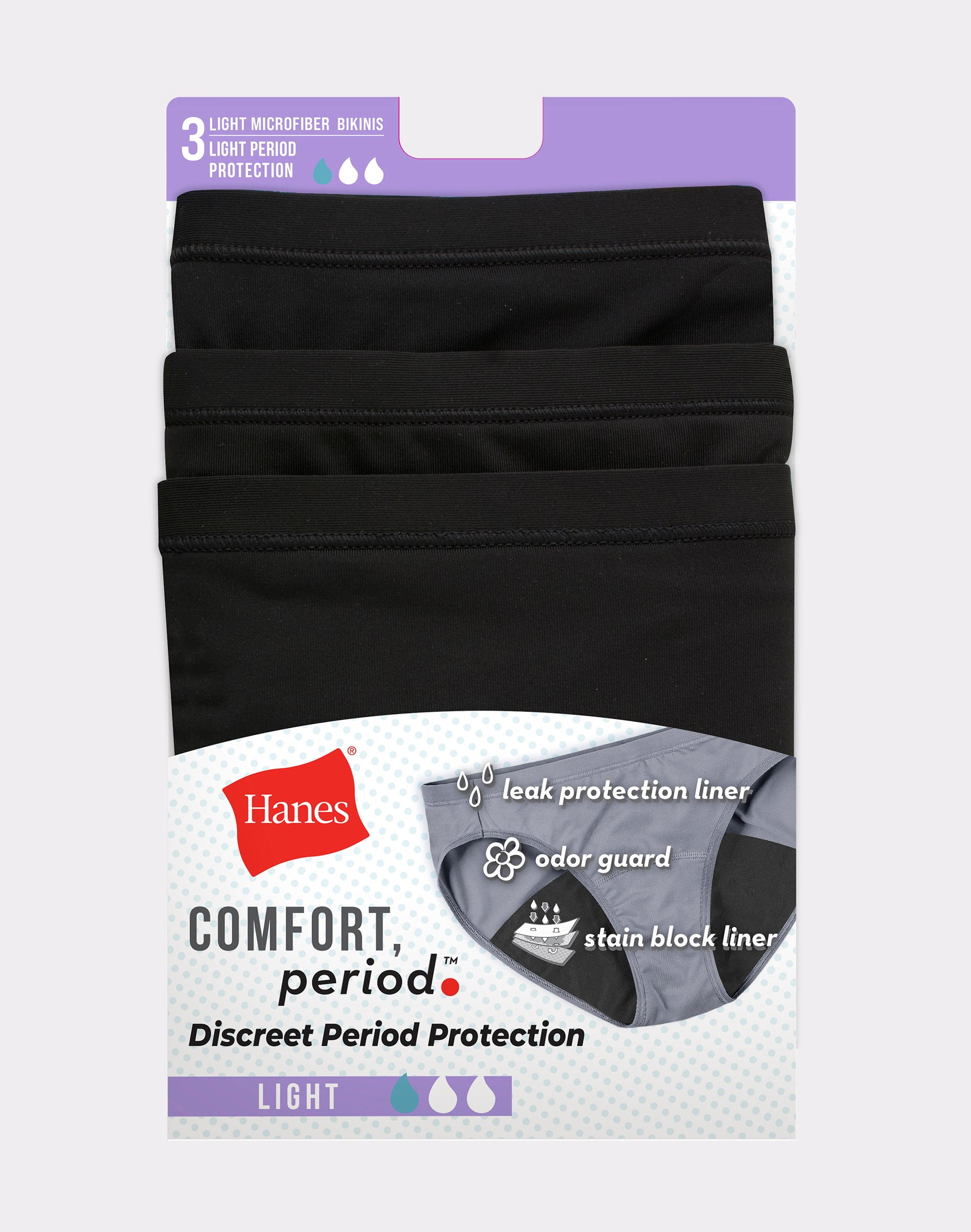 Hanes Comfort, Period. Bikini Underwear, Light Leaks, Black, 3-Pack 5 Women's