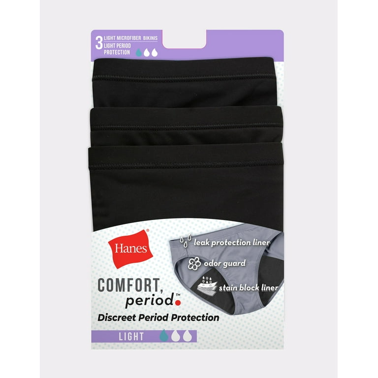 Hanes Comfort, Period. Bikini Underwear, Light Leaks, Black, 3-Pack 6  Women's 