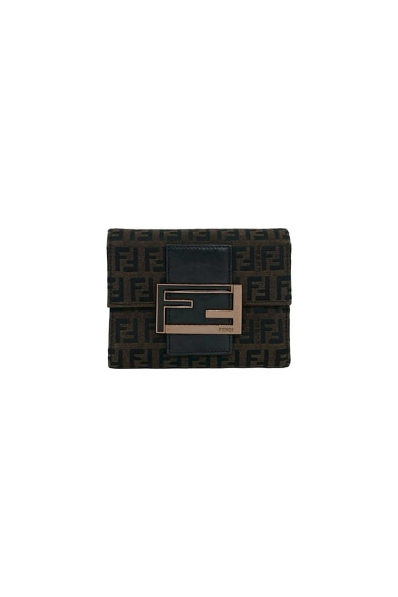 Pre-Owned FENDI Zucchino FF pattern logo hardware canvas leather genuine trifold wallet mini...