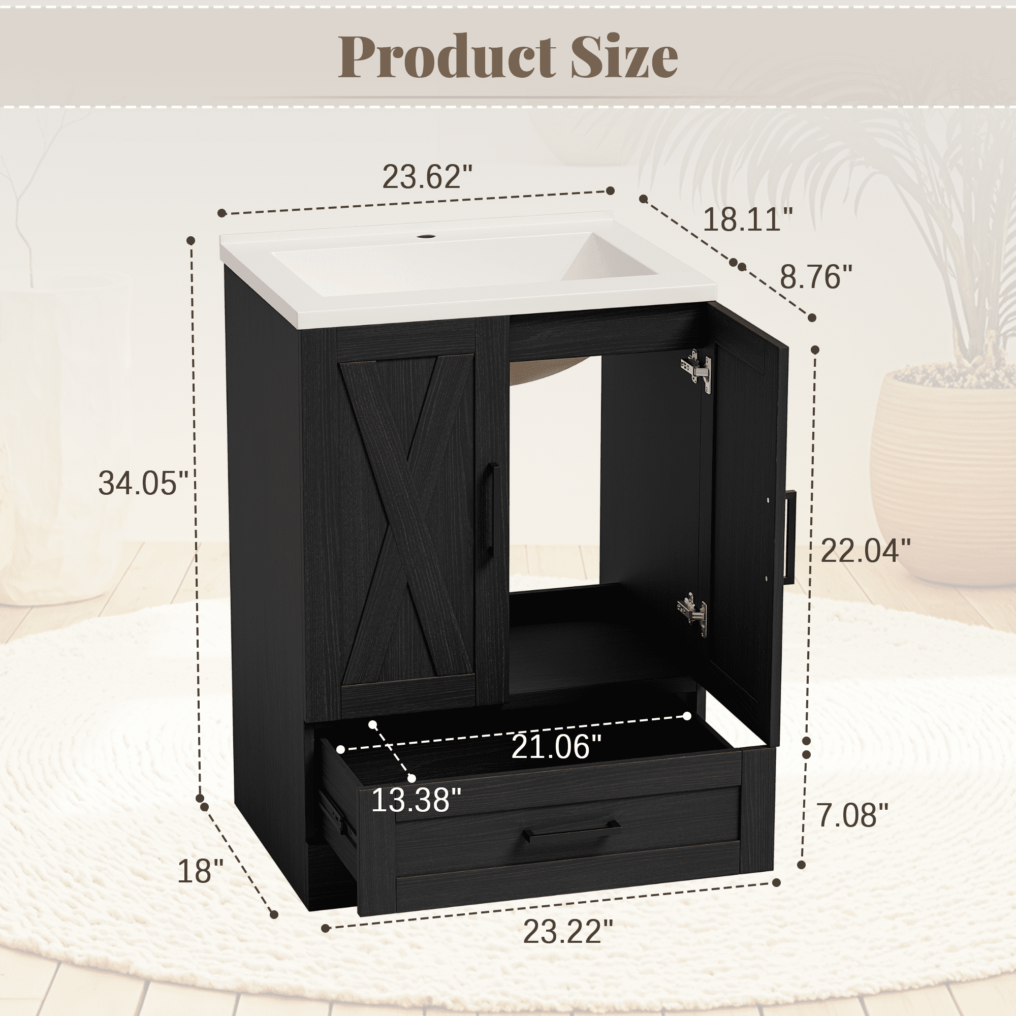 Lacoo 24" Bathroom Vanity with Sink Basin, Farmhouse Bathroom Storage Vanity Cabinet with 2 Doors & 1 Drawer, Freestanding Bathroom Cabinet with Washbasin, Black