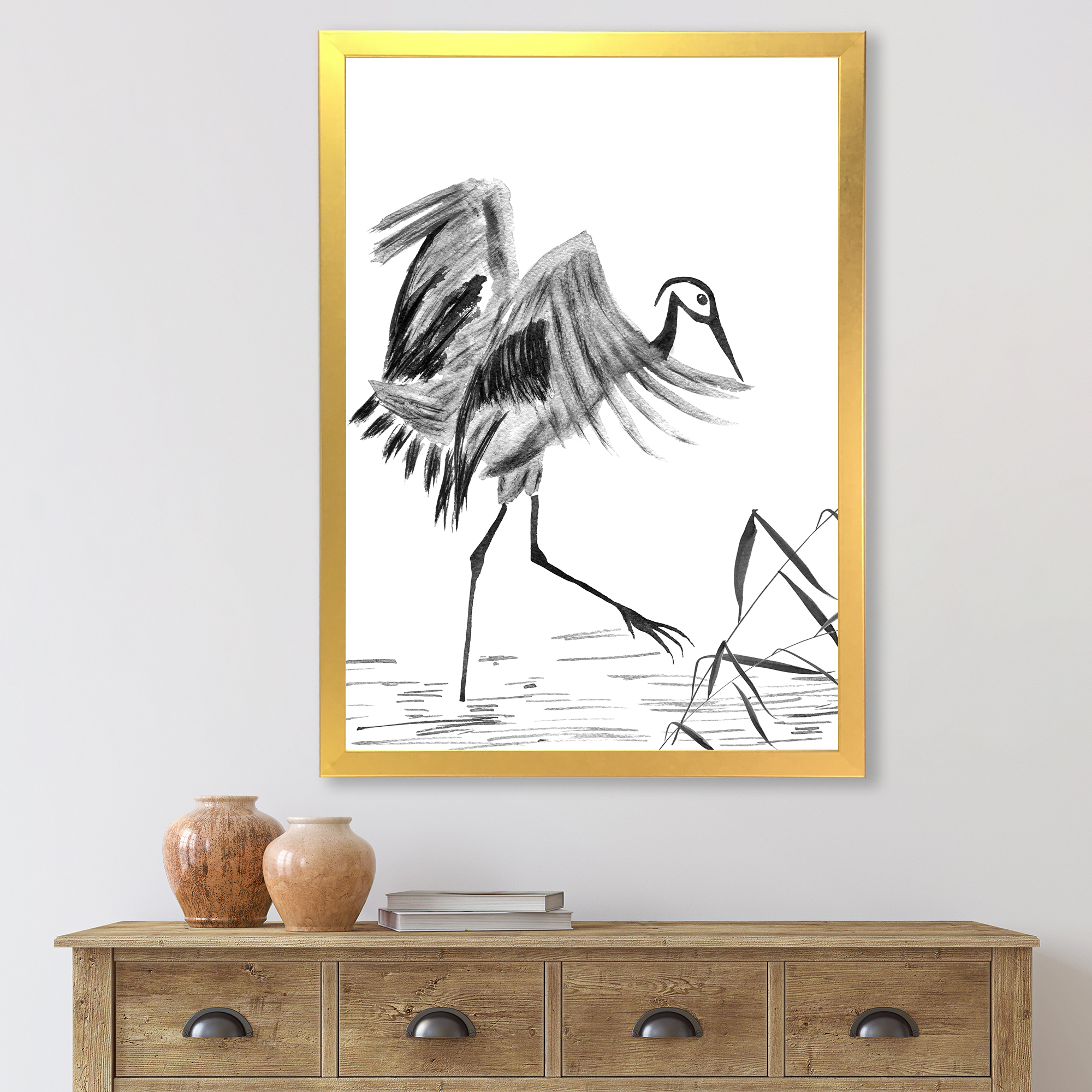 Designart 'Monochrome Japanese Oriental Crane Bird' Traditional Framed Art Print